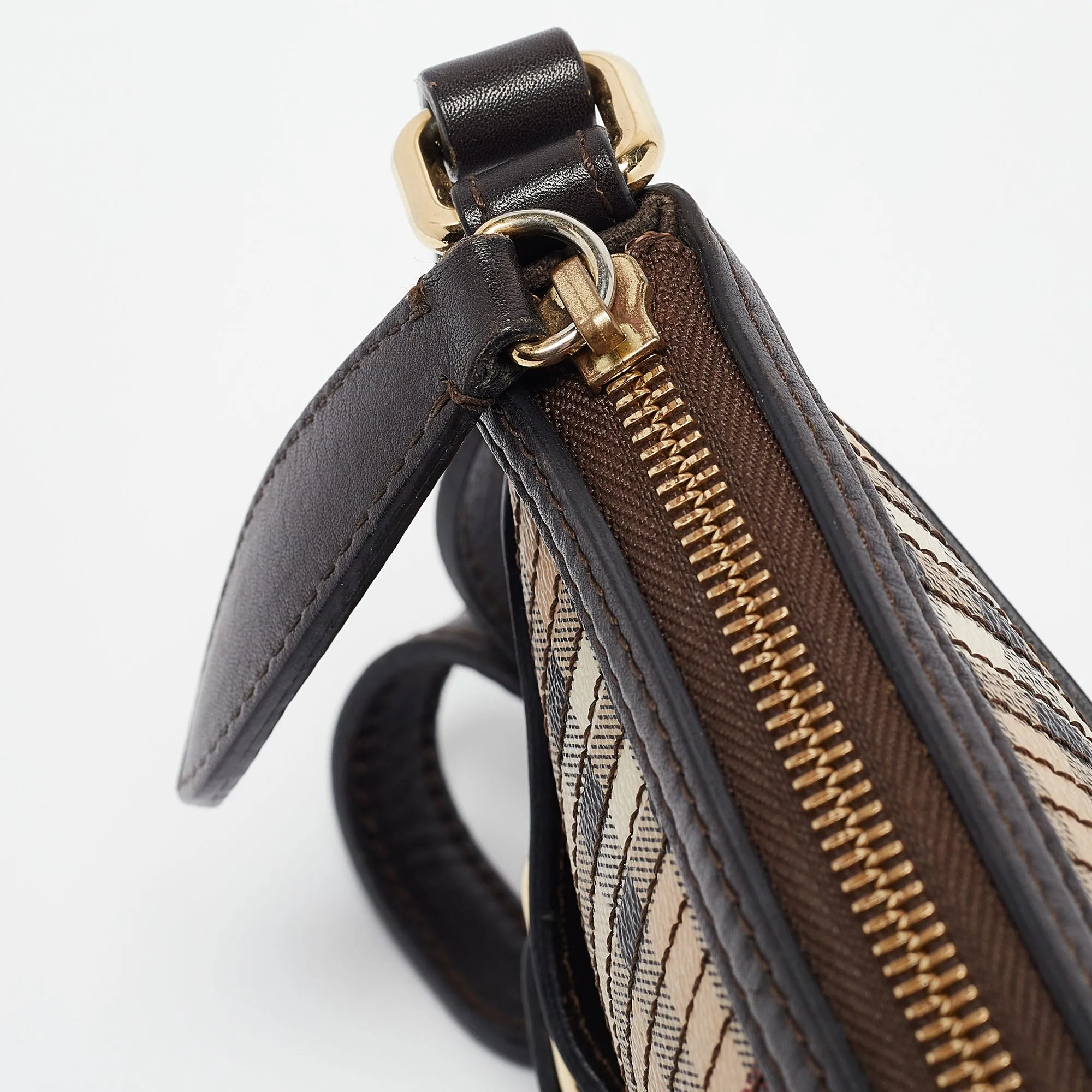BURBERRY Brown/Beige Haymarket Coated Canvas and Leather Stipe Long Shoulder Bag